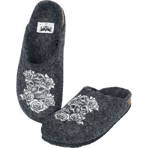 Black Premium by EMP Šedé pantofle s potiskem s lebkou a růžemi papuce tmavě šedá