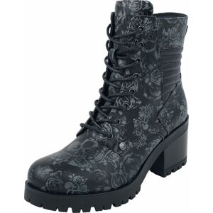 Black Premium by EMP Černé boty na šněrování se vzorem lebek a růží a podpatky boty černá